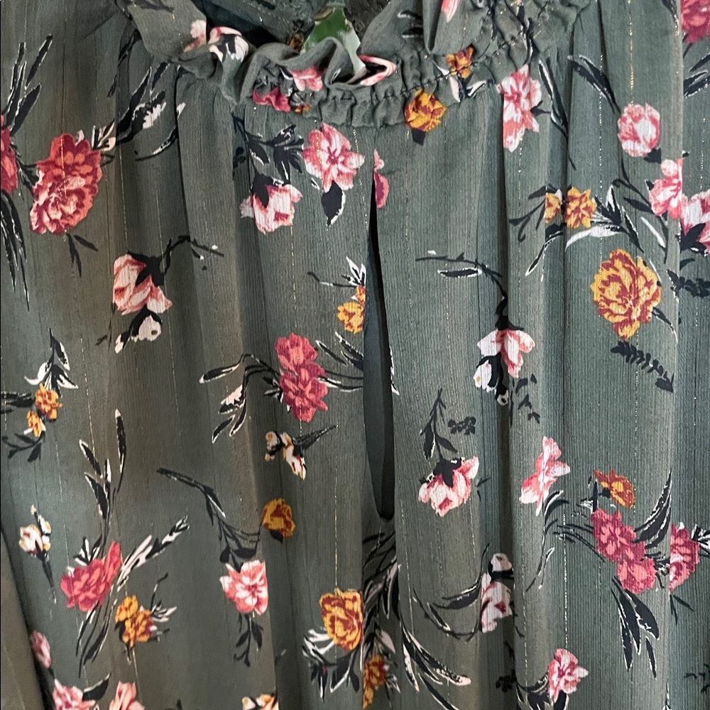 Anthropologie Drew Green Floral Chiffon Smocked High Neck Long Sleeve Dress - Picture 10 of 14